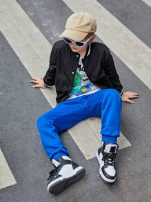 SHEIN 男大童棋盤格&字母圖案條紋飾邊加絨內裏學院風夾克 - 黑色 - 查看 6