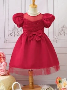 Young Girl Puff Sleeve Bow Front Mesh Overlay Party Dress - Red - View 1