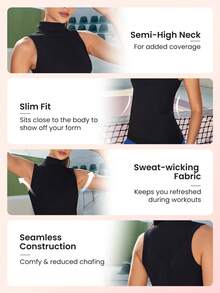 Lifespree High Neck Solid Sports Tank Top - Black - View 3