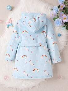 Young Girl Rainbow & Cloud Print Hooded Belted Flannel Robe - Baby Blue - View 2