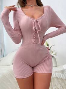 Mono unitard con cordón delantero tejido de canalé homewear