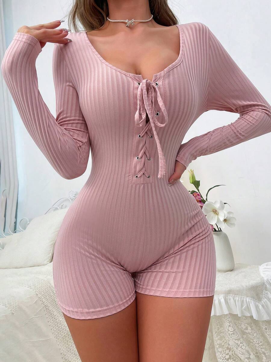 Mono unitard con cordón delantero tejido de canalé homewear