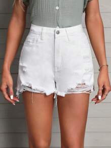 SHEIN 破洞毛邊牛仔短褲 - 白色 - 查看 3