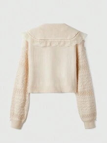 ROMWE Kawaii Trang trí ren Cổ áo rộng Dệt kim chấm bi Áo len Mở - Màu be - Xem 2