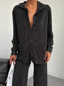 EURMUSE Solid Button Front Shirt & Pants - Black - View 5