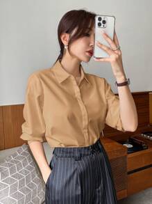 DAZY Áo sơ mi nữ Nút phía trước màu trơn Giải trí - trái cam - Xem 1