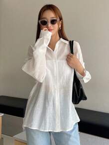 DAZY 净色落肩纽扣前开襟长袖衬衫 - 白色 - 查看 5