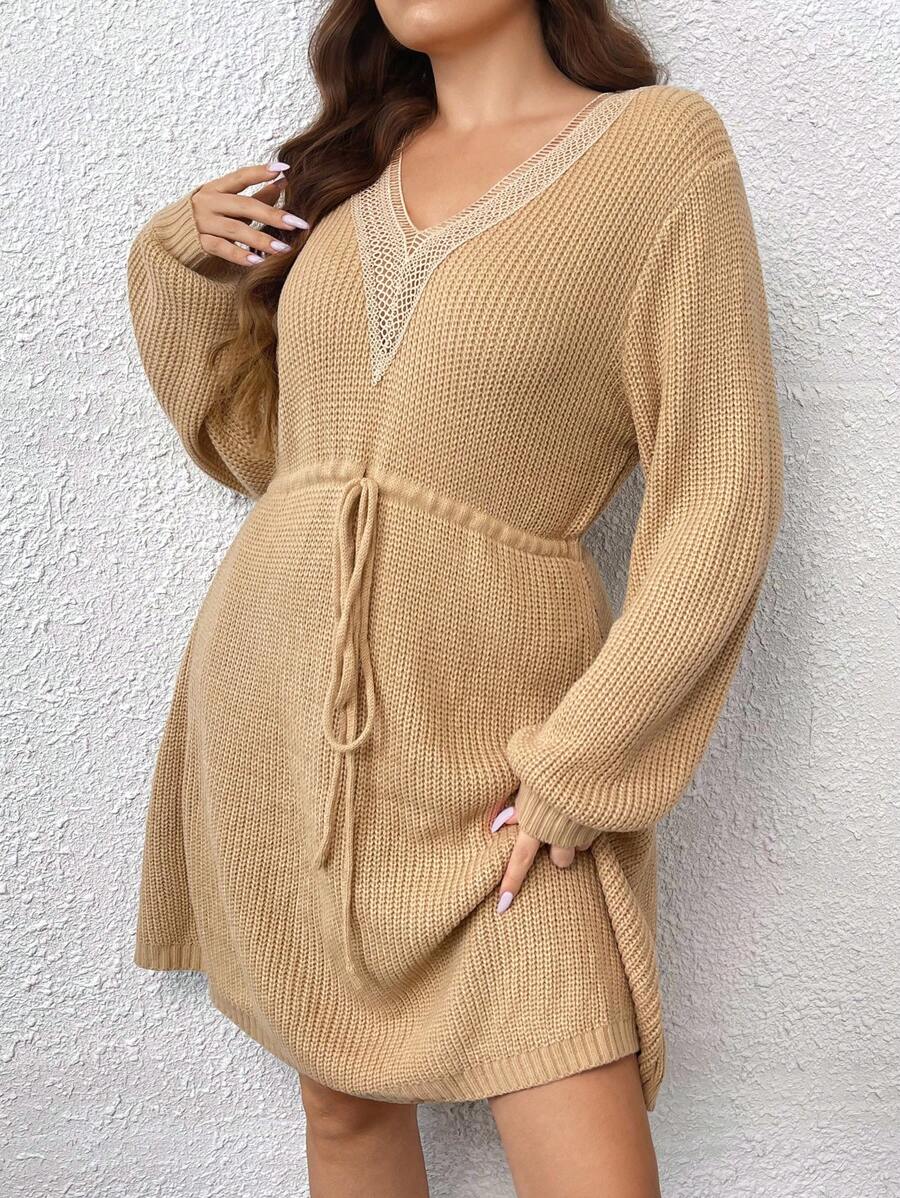 SHEIN Clasi Hơn Eo dây rút Tay áo lồng đèn Đầm Áo len - Màu be - Xem 1