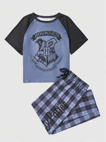 Harry Potter | ROMWE Plus Plaid & Slogan Graphic Raglan Sleeve PJ Set - Multicolor - View 6