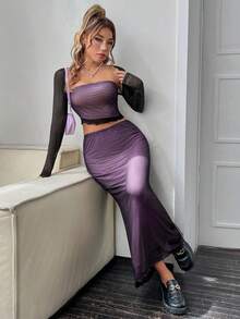 SHEIN EZwear 素色短款上衣&魚尾短裙 - 黑色 - 查看 5