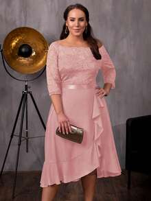 MIUSOL 大碼上身蕾絲荷葉邊酒會擺裙 - 粉色 - 查看 7