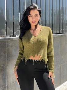 SHEIN SXY 落肩袖仿舊短款毛衣 - 軍綠色 - 查看 4