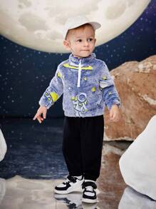 SHEIN Baby Girl Reflective Planet Print Half Zip Teddy Sweatshirt & Pants - Multicolor - View 5