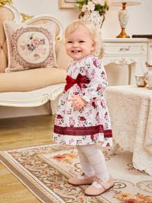 Baby Girl Floral Print Bow Front Dress With Headband - Multicolor - View 6