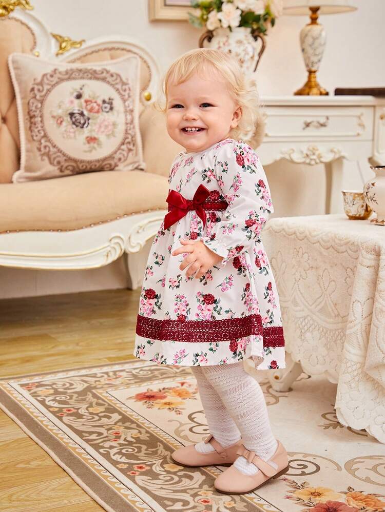 Baby Girl Floral Print Bow Front Dress With Headband