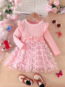SHEIN Young Girl Butterfly Appliques Ruffle Trim Mesh Hem Dress - Pink - View 3