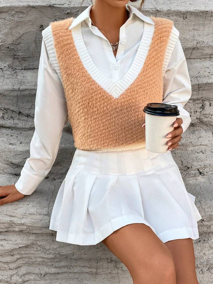 Contrast Trim Sweater Vest Without Blouse