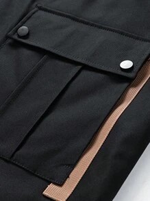 男士大码字母補丁細節翻蓋口袋落肩袖夾克不帶T恤 - 黑色 - 查看 7