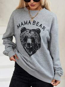 SHEIN LUNE Đồ họa Chữ Và Gấu Thả vai Áo nỉ - Xám - Xem 4