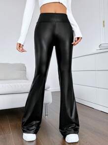 SHEIN EZwear 高腰PU皮革喇叭褲 - 黑色 - 查看 5