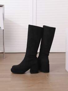 女性新品到貨厚跟及膝靴帶防水台和增高功能適用於秋冬 - 黑色 - 查看 5