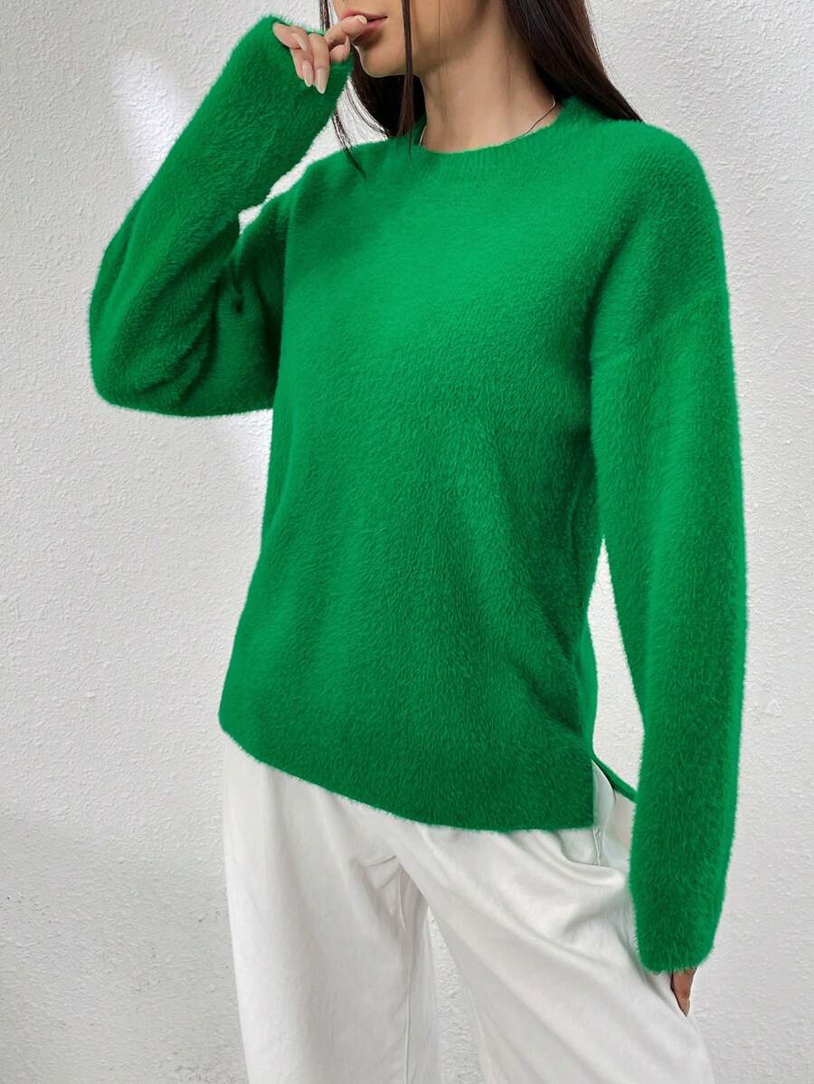 SHEIN EZwear Jersey unicolor de hombros caídos - Verde - Ver 1