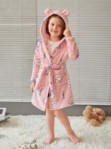 SHEIN Young Girl Cartoon and Letter Print Hooded Belted Flannel Sleep Robe - Pink - View 2