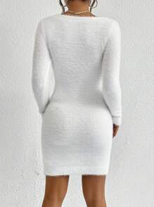 Firerie Solid Bodycon Sweater Dress, Fall And Winter, Elegant, White, Longsleeve, Crewneckl - White - View 2