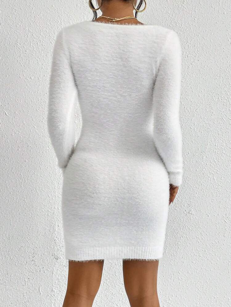 Solid Bodycon Sweater Dress, Fall And Winter, Elegant, White, Longsleeve, Crewneckl