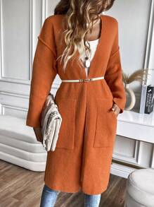 SHEIN LUNE 双口袋落肩开衫 - 棕色 - 查看 7