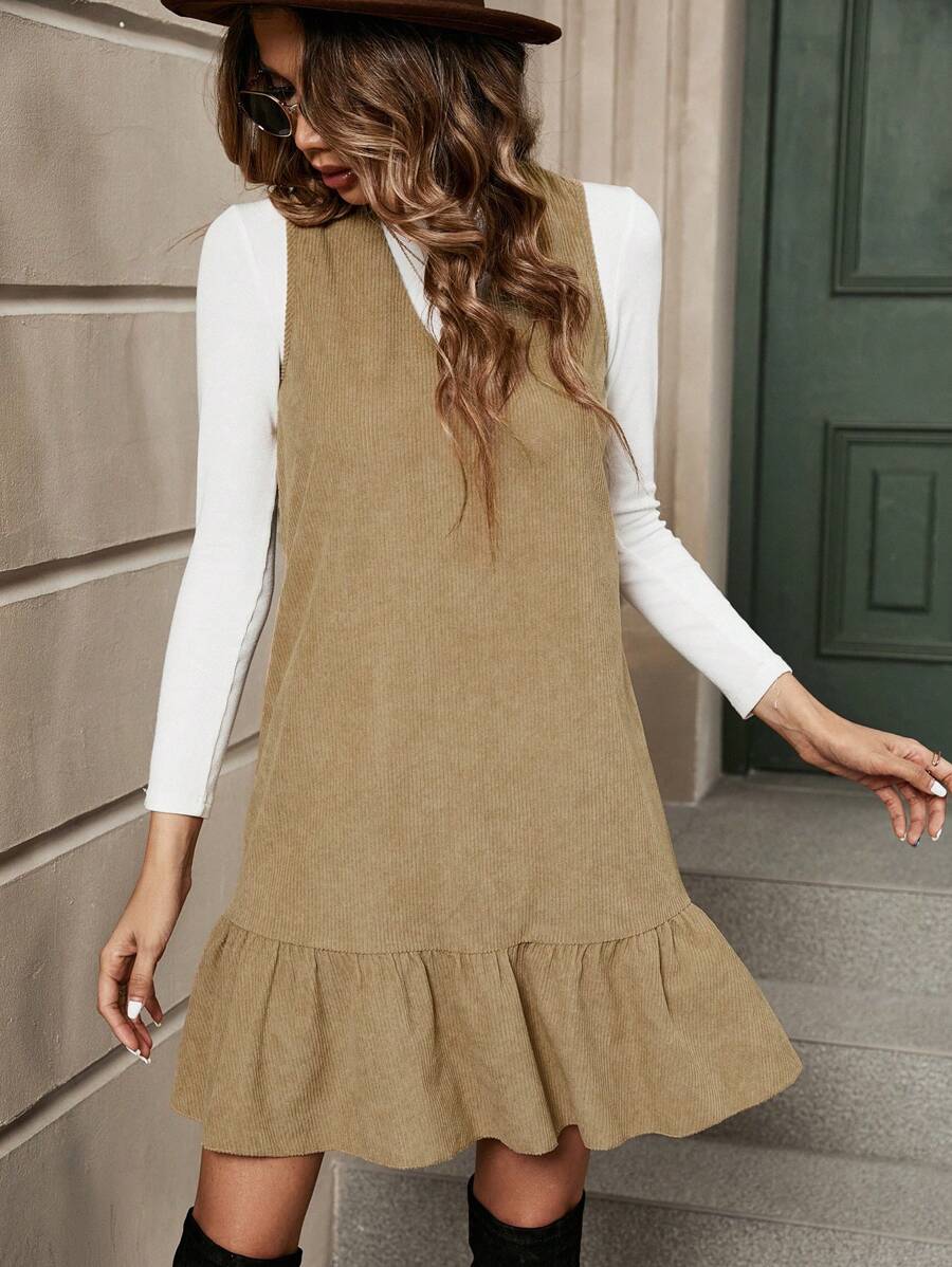 SHEIN LUNE Solid Ruffle Hem Smock Dress Without Sweater - Khaki - View 1