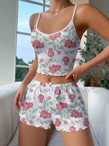 Floral Print Lettuce Trim Cami Top & Shorts PJ Set / Pajama Set - Multicolor - View 3