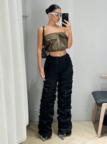 SHEIN ICON Zip Up Flap Detail Crop Tube Top - Army Green - View 7