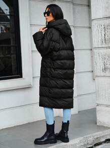 EURMUSE Zip Up Hooded Puffer Coat - Black - View 2