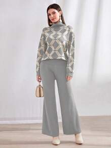 Mulvari Geo Pattern Turtleneck Sweater & Knit Pants 2 Pieces Set