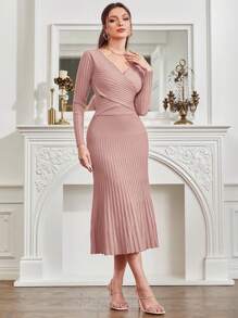 Modelyn Solid Wrap Cross Sweater & Mermaid Hem Knit Skirt - Dusty Pink - View 6