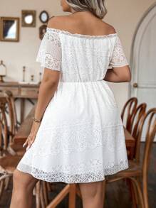 Calvaya Hơn Off Shoulder Nút phía trước Ren Đầm - trắng - Xem 2