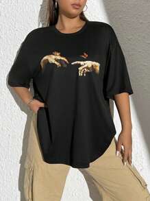 CovetEZ 加上蝴蝶和图案落肩夏季 T 恤 - 黑色 - 查看 6