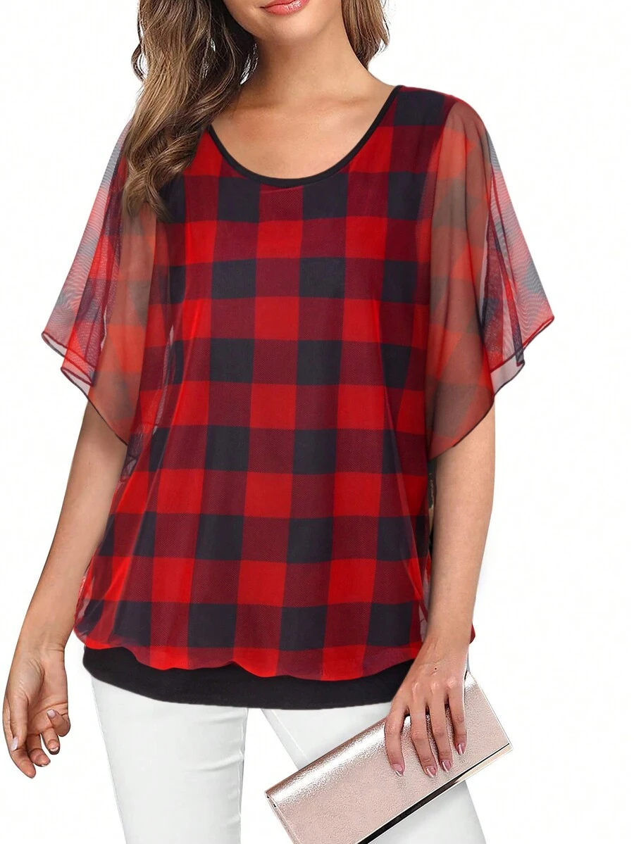 Top con estampado de cuadros de manga de malla - Rojo - Ver 1