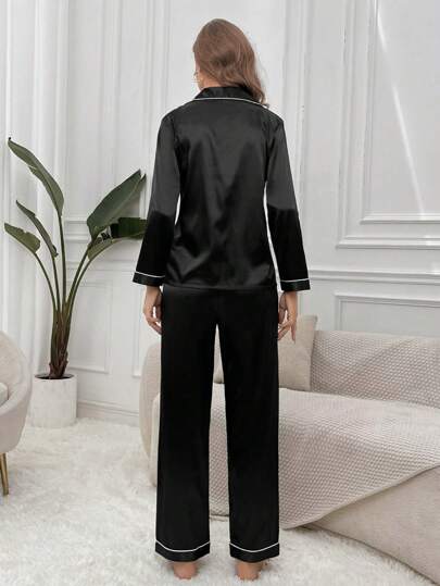 Contrast Piping Satijnen PJ Set Pajama Set, Fall Clothes Cozy Elegante s, view 2