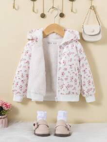 SHEIN Baby Girl Ditsy Floral Print Zip Up Teddy Lined Hooded Jacket - Multicolor - View 3