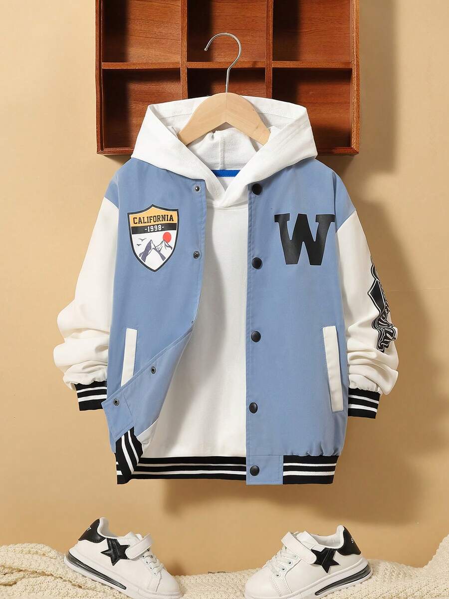 SHEIN Tween Boy Letter Graphic Striped Trim Varsity Jacket Without Hoodie - Multicolor - View 1
