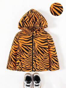 SHEIN 男嬰虎紋圖案連帽毛絨夾克 - 橘色 - 查看 1