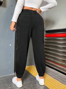 SHEIN ICON Hơn Cao eo Túi nắp bên cạnh Quần jean chở hàng - màu đen - Xem 2