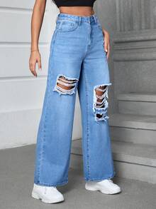 SHEIN Essnce Ripped Wide Leg Jeans - Light Wash - View 7