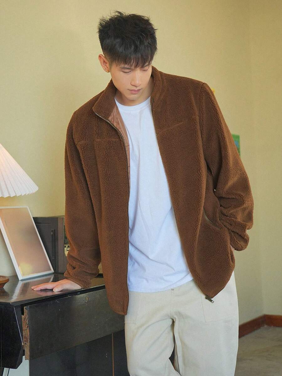 DAZY 男士拉鏈開襟毛絨夾克 - 咖啡棕 - 查看 1