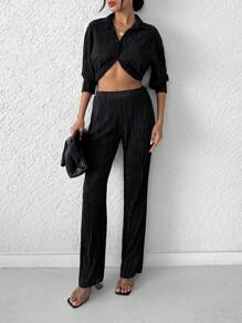 EURMUSE Solid Button Front Shirt & Pants - Black - View 6