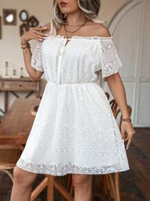 Calvaya Hơn Off Shoulder Nút phía trước Ren Đầm - trắng - Xem 5