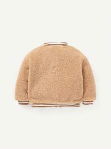 Baby Boy Letter Patched Striped Trim Zipper Teddy Bomber Jacket - Brown - View 2
