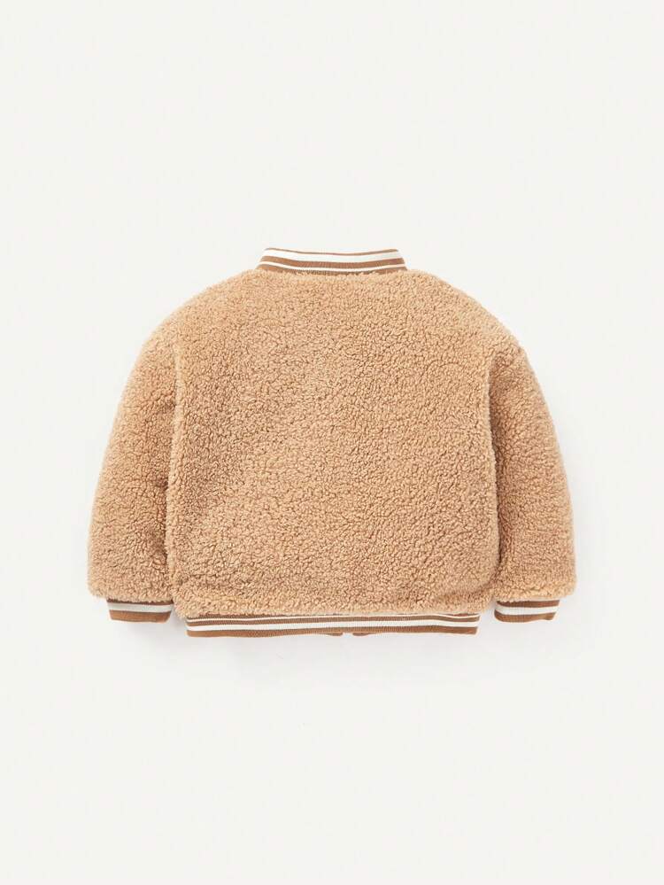 Baby Boy Letter Patched Striped Trim Zipper Teddy Bomber Jacket